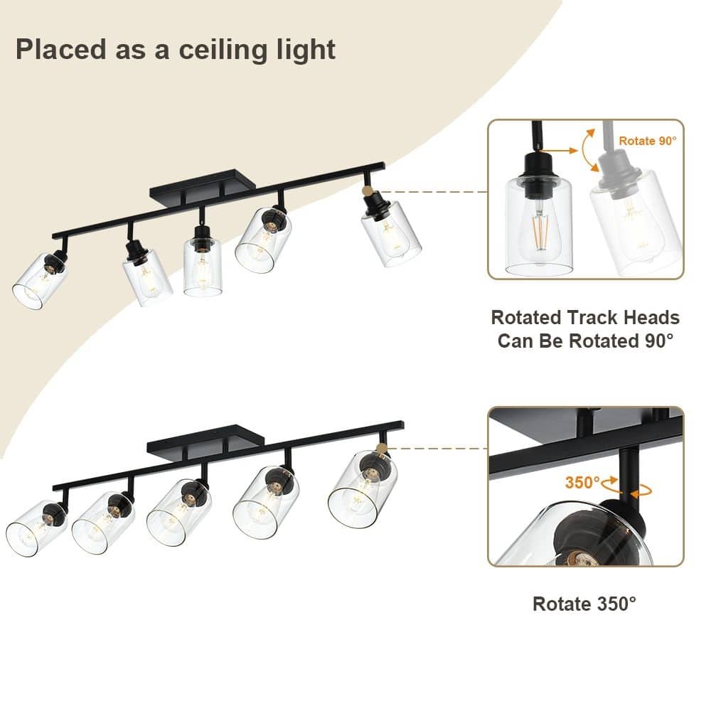 5-Light Vanity Light Bathroom Fixture with Clear Glass Shade, Rotating Metal Ceiling Spotlight Fixture with Track Heads