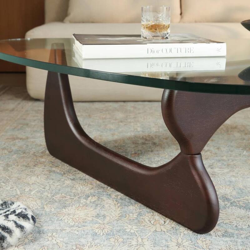 Modern Triangle Glass Coffee Table with Solid Wood Base