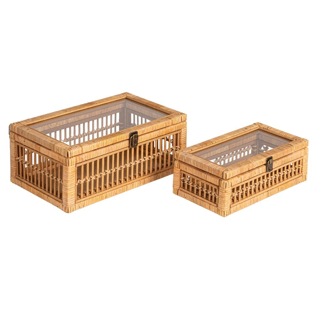 Rattan and Bamboo Nestable Storage Boxes with Glass Lids, Set of 2