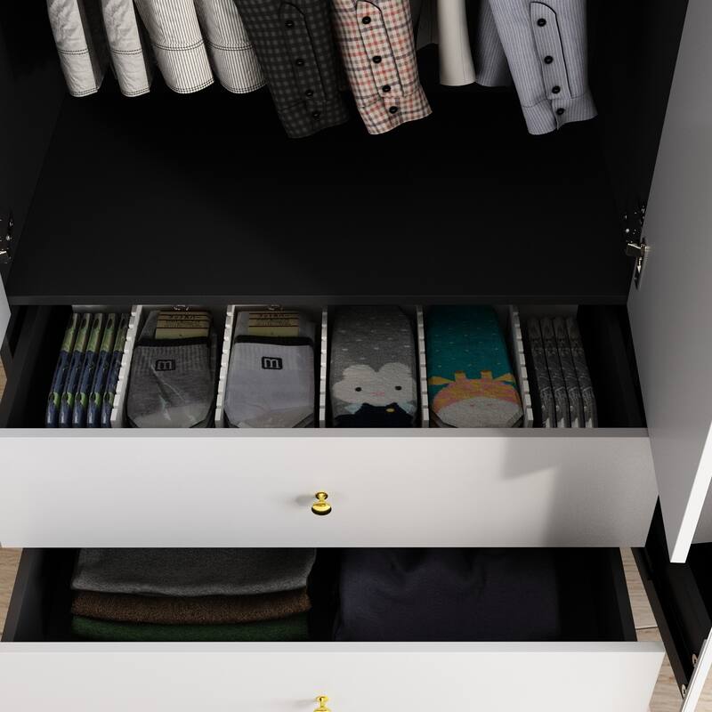Wooden 2 Drawers 4 Doors Wardrobe Armoire With Mirror (Gray/Black)