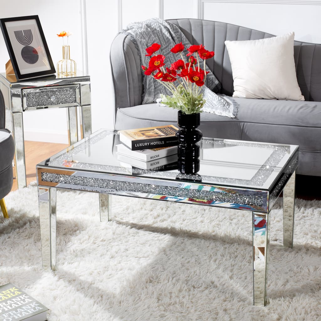 Rectangle Coffee Table with Crystal Inlay Mirrored Silver Center Table
