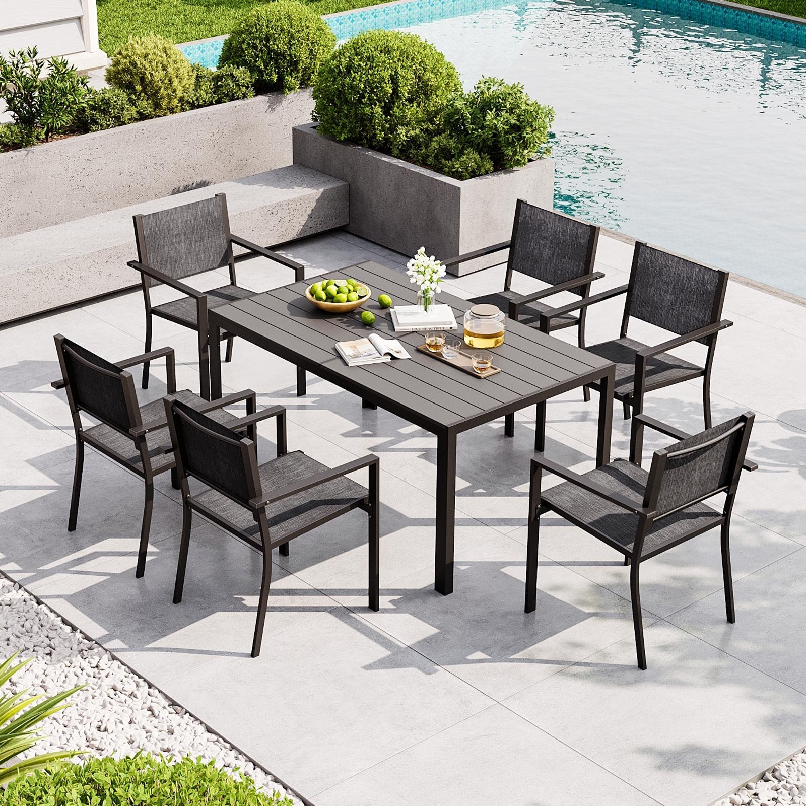7-Piece Outdoor Dining Set, All Weather Patio Furniture with Rectangular Metal Table and 6 Textilene Chairs