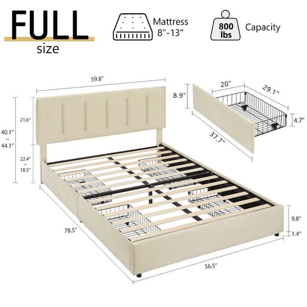 dimension image slide 7 of 17, Javlergo Bed Frame with Storage Drawers Upholstered Platform Bed Frame with Adjustable Headboard