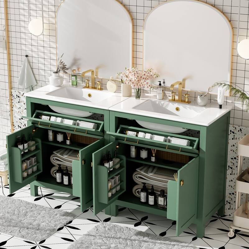 Set of 2 Vanity for Bathroom with Double Ceramic Sinks, 60" Modern Storage Cabinet with Flip-down Drawers and Door Organizers