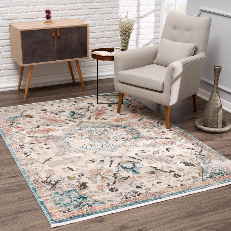 Traditional Persian Oriental Distressed Teal Turquoise Ivory Grey Orange Area Rug