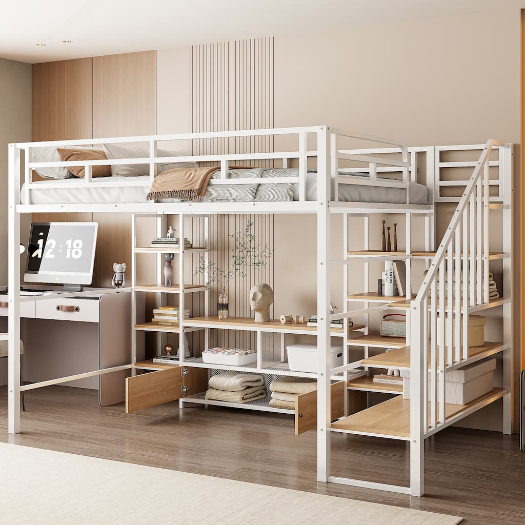 Full Size Metal Loft Bed with Storage Staircase & Work Table (250lb Capacity)