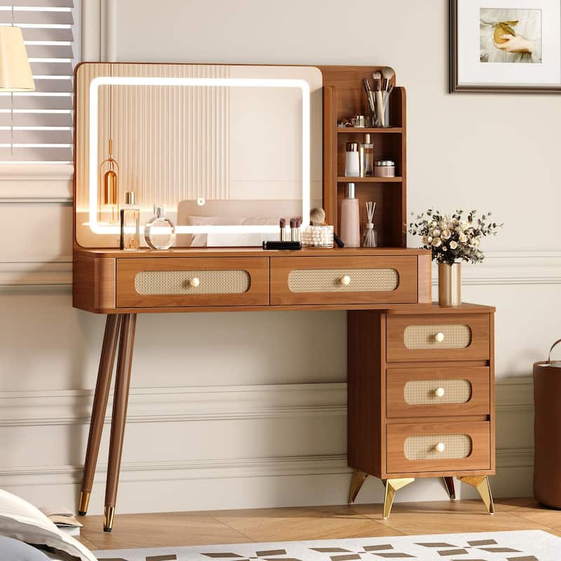 Retro Rattan Makeup Vanity Desk with 5 Drawers and Storage Shelf, Dressing Table with Rectangular Mirror and Touch Light