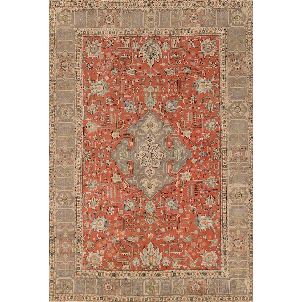 Hand Knotted Oriental 100% Wool Carpet Traditional Medallion Oranges & Rust Tabriz Area Rug - 10' 6'' X 7' 10''