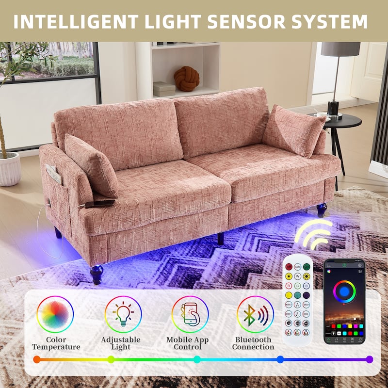 HOMEFUN Chenille Upholstered Mid Century Modern Wood Frame Loveseats Sofa with LED light,USB and Side Pocket