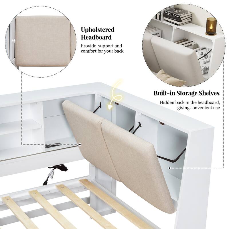 L-Shaped Daybed with Bookcase & USB Charging Port, Wood Floor Corner Bed Frame with Storage Drawers & Upholstered Headboard