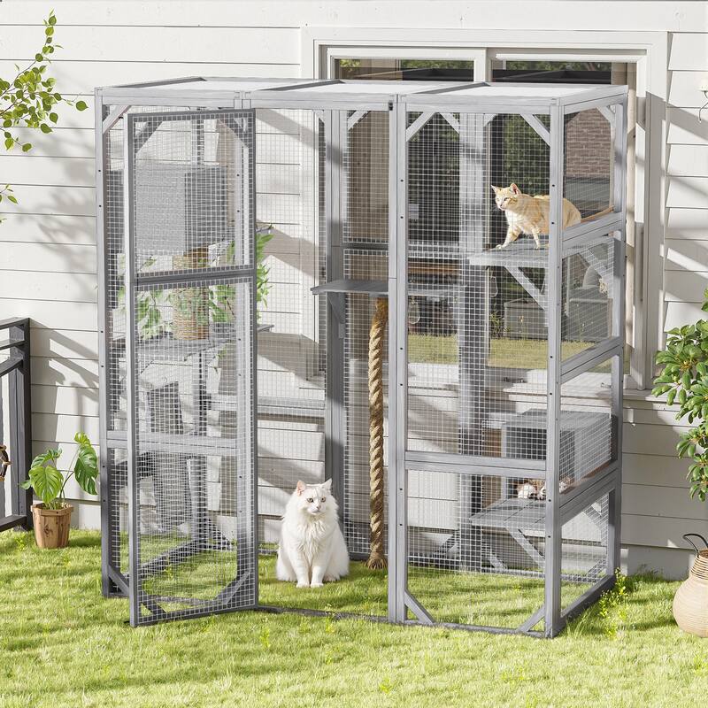 Roomfitters Outdoor Cat House Catio Enclosure Double Door Balcony Playpen with Platforms and Condos for 1-3 Cats - Light Grey