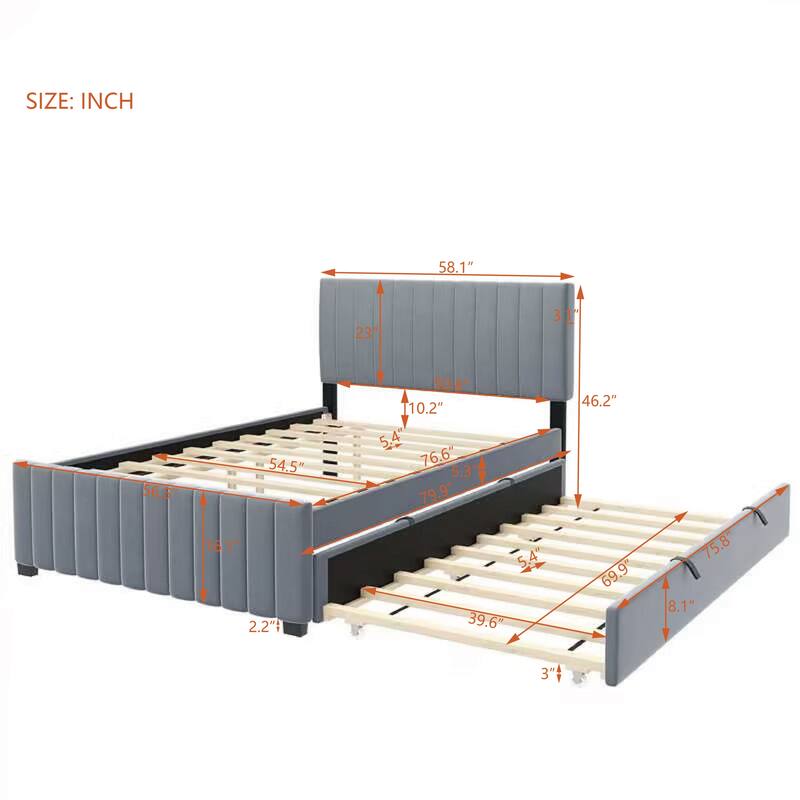 Wood Platform Bed Frame Velvet Upholstered Panel Bed with Wheel Pull-out Trundle Bed, Bedroom Furniture
