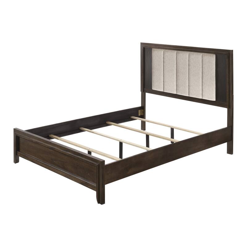 Queen Size Bed with Rich Wood Finish, Plush Upholstered Headboard, Rustic Charm, Brown