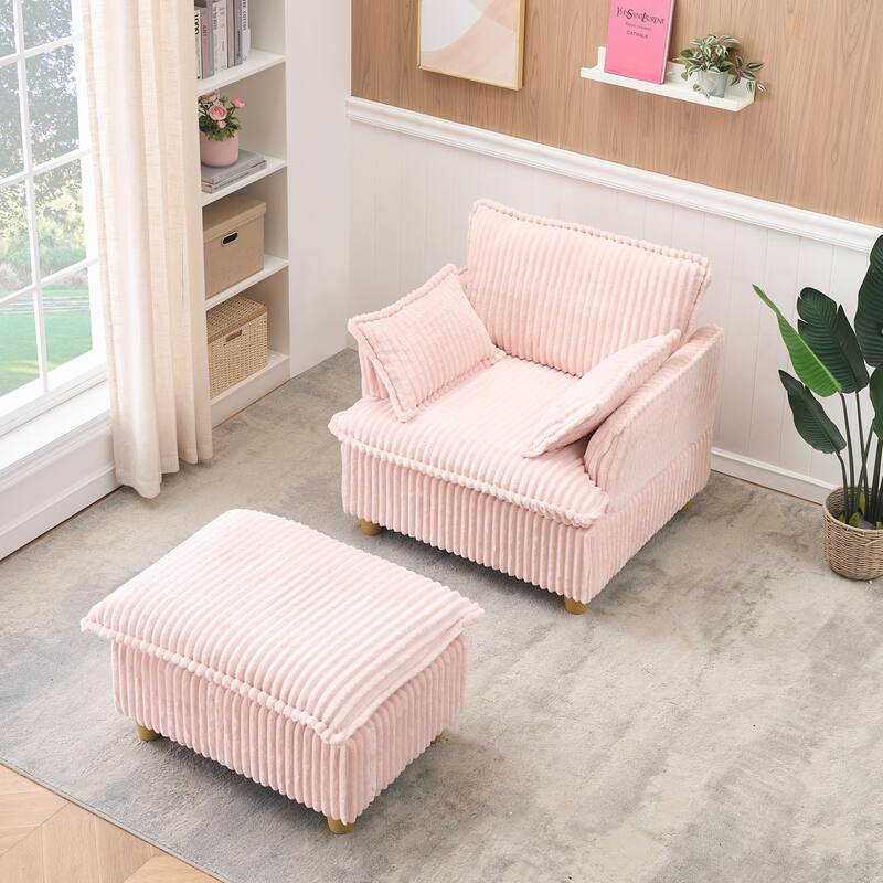 Single Sofa with Ottoman, Comfy Corduroy Upholstered Armchair, Lounge Chair with Throw Pillows for Living Room, Balcony