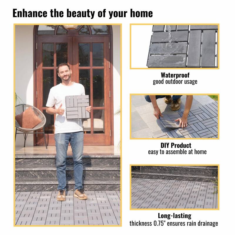 Interlocking Deck Tiles Checker Pattern, 12" x 12" Square Acacia Hardwood Outdoor Flooring