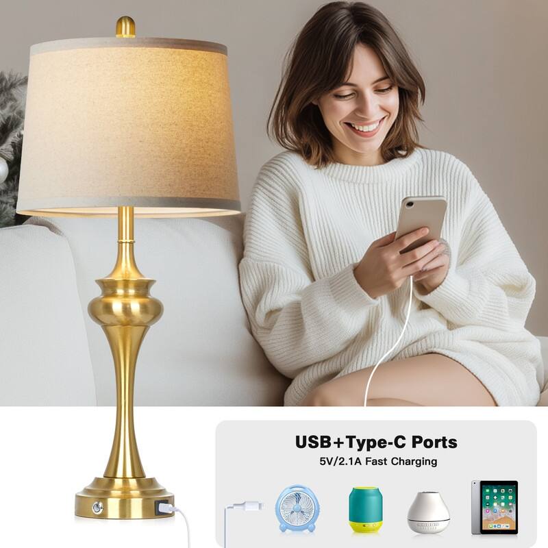 30'' Modern Table Lamps with USB & Type-C Ports, Oatmeal Fabric Shade & Metal Base (Set of 2)