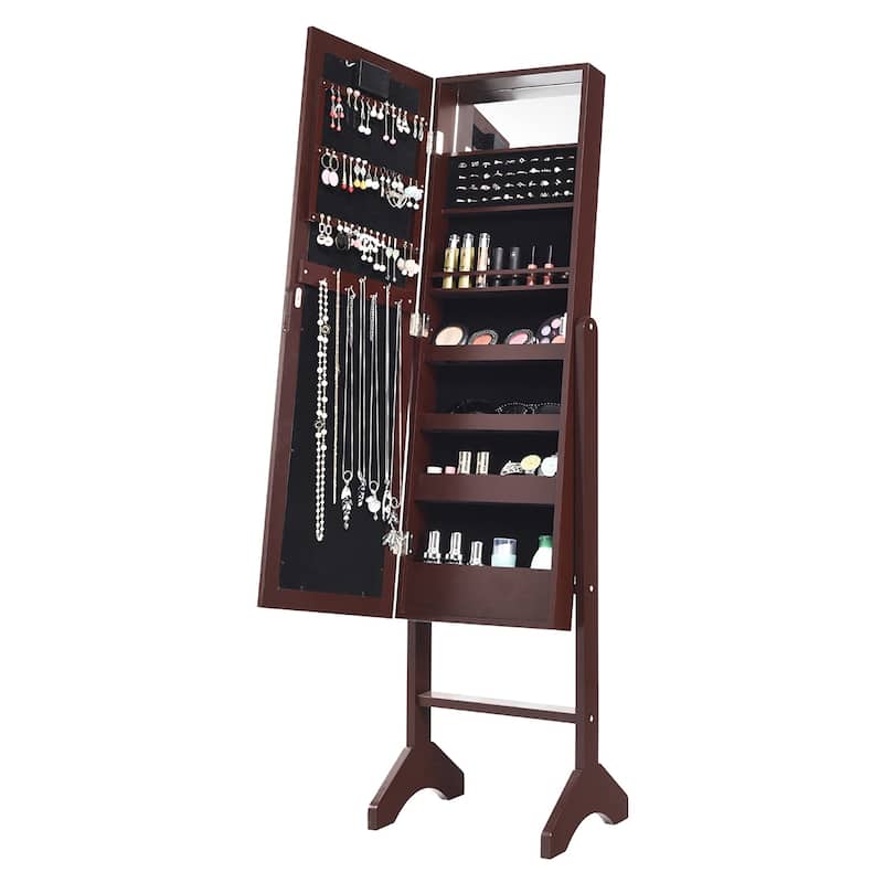 Costway Mirrored Jewelry Cabinet Organizer 18 LED lights Brown