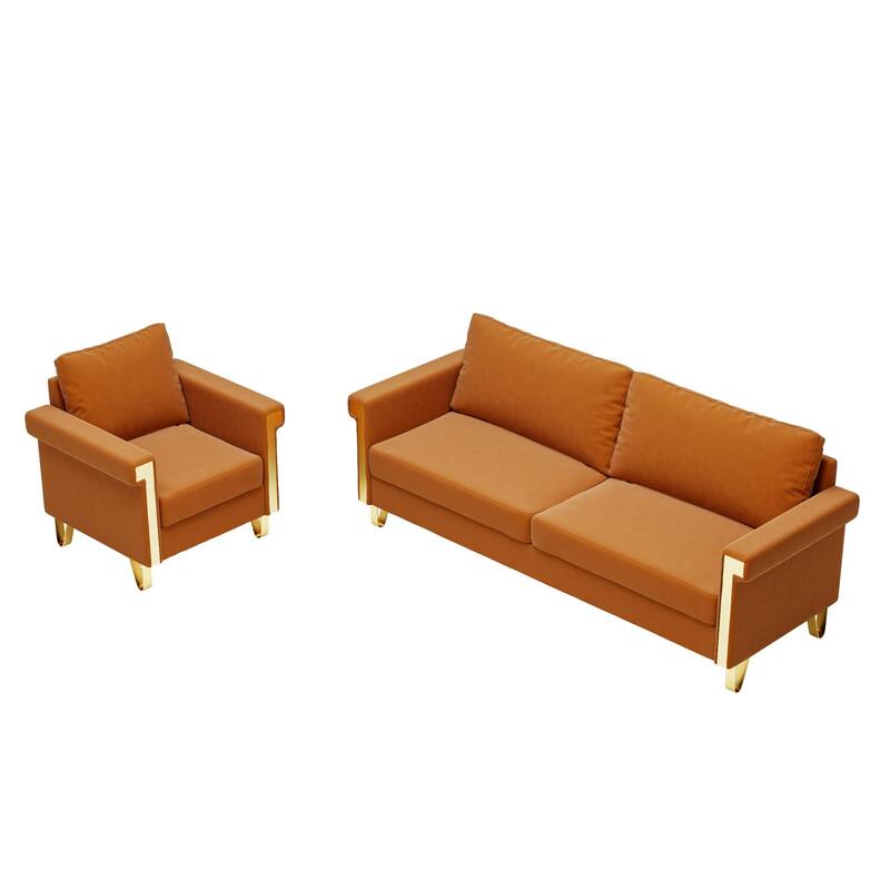 Mid-Century Velvet 3-Seater Sofa Chair Set with Gold Legs