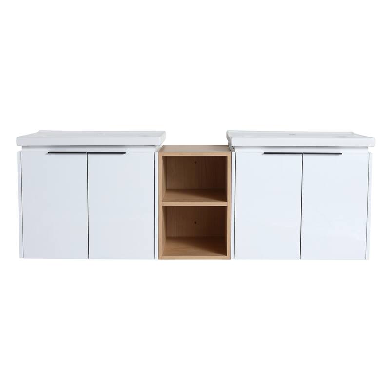 Wall-Mounted Vanity with Double Ceramic Basins, Soft-Close Doors, Metal Handles, and Ample Storage Space - 59.6in L Plywood