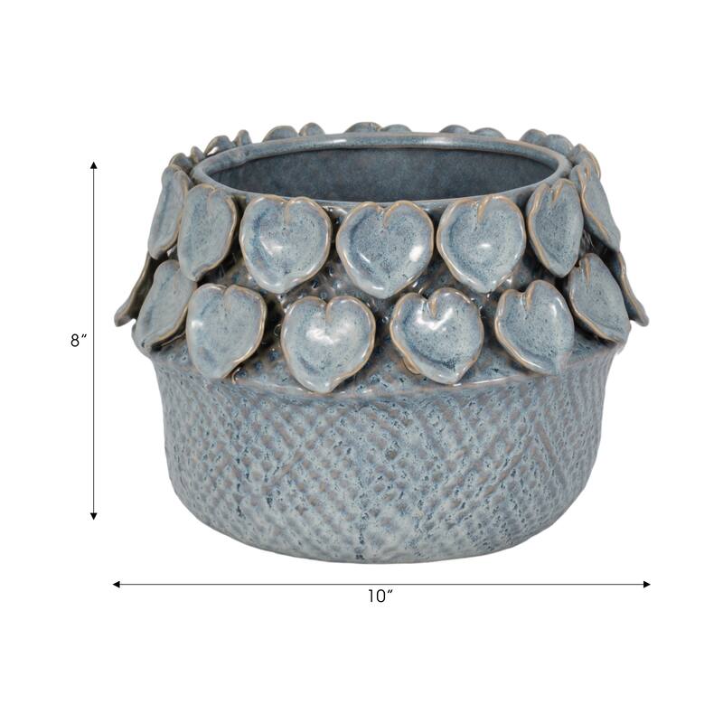 Stoneware Planter with Sculpted Leaf Accents and Textured Detailing