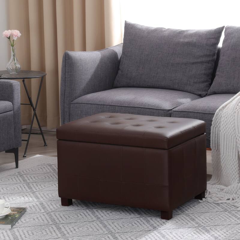 Adeco 24'' Faux Leather Storage Ottoman Bench with Tufted Top - Brown