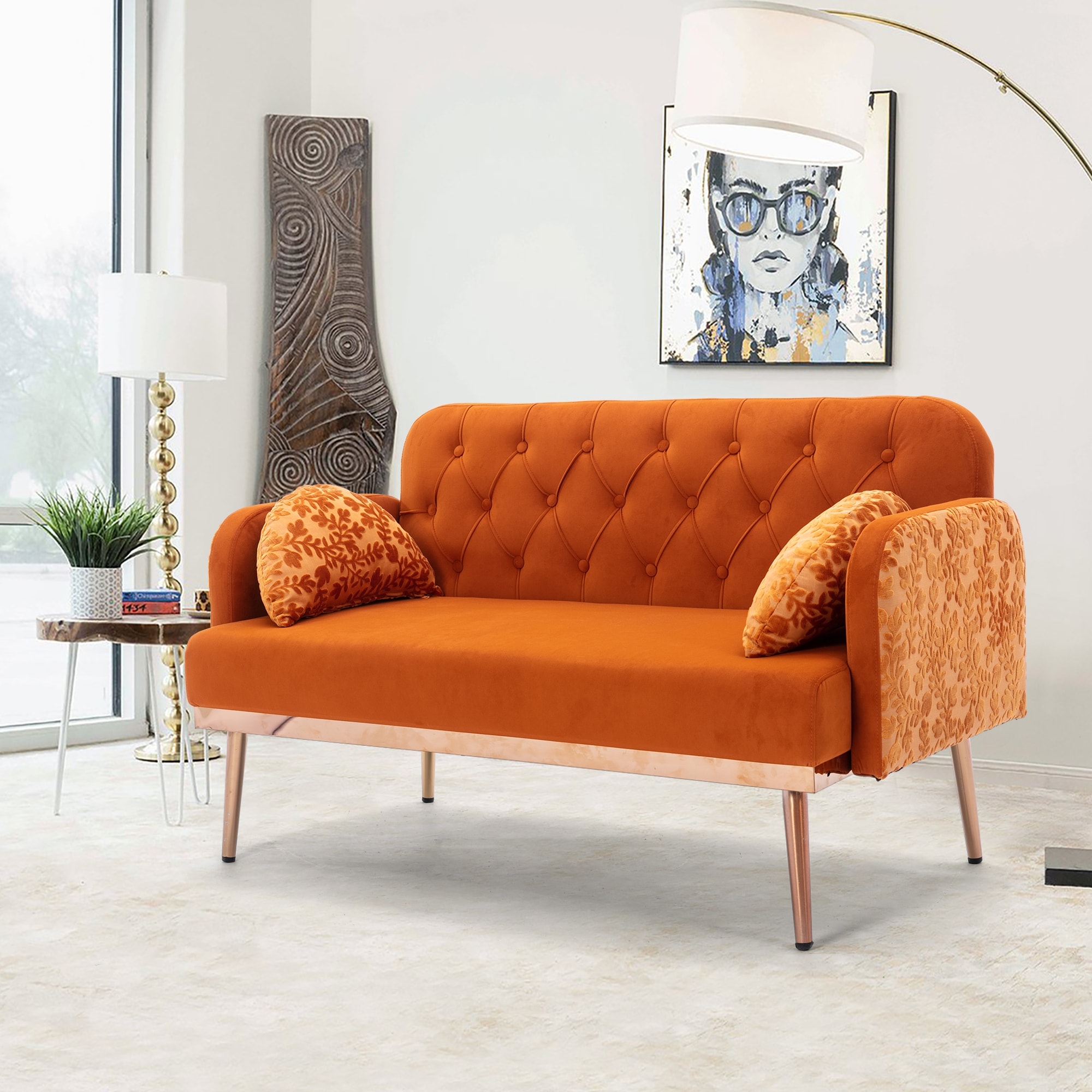 Velvet Loveseats Sofa with 2 Pillows, 58 Sofa Couch with Metal Legs and  Side Storage Pockets, Comfortable Upholstered Living Room Sofa for Small