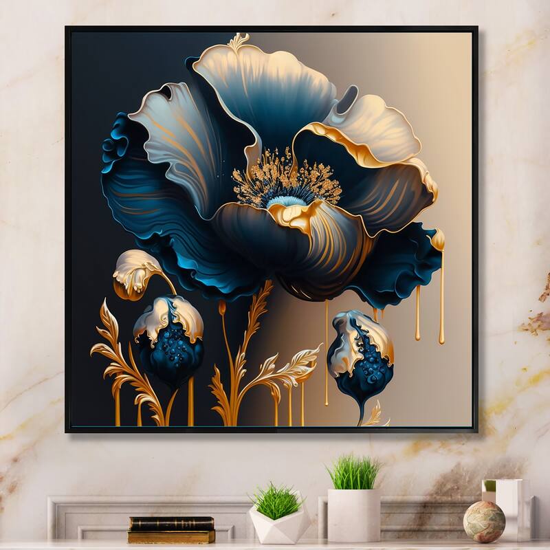 Designart "Deep Blue And Gold Single Flower V" Floral & Botanical Framed Canvas Art Print - 36 in. wide x 36 in. high - Black