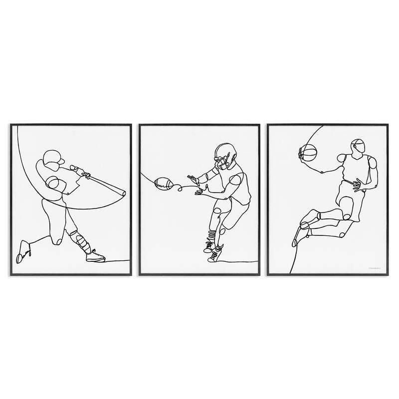 Stupell Simple Line Doodle People Playing Sports Baseball Football Basketball Framed 3 Piece Wall Art - Black - 11 x 14 - Black