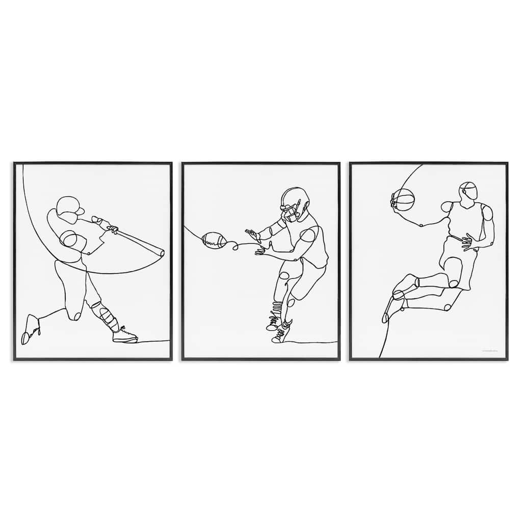 Stupell Simple Line Doodle People Playing Sports Baseball Football Basketball Framed 3 Piece Wall Art - Black