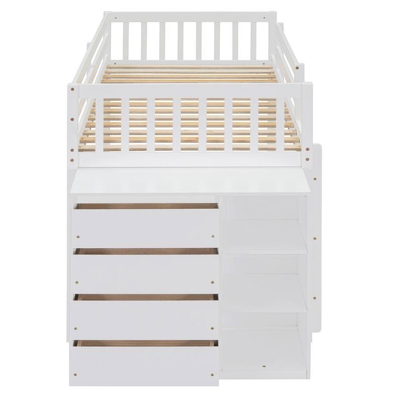 Twin Over Twin/Full Over Full Floor Bunk Bed with Drawers and 3 Storage Shelves, Solid Wood Low Bunk Bed Frame with Ladder