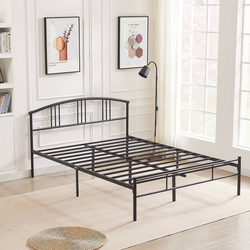 Modern Metal Bed Frames with Curved Headboard, No Box Spring Needed, Black