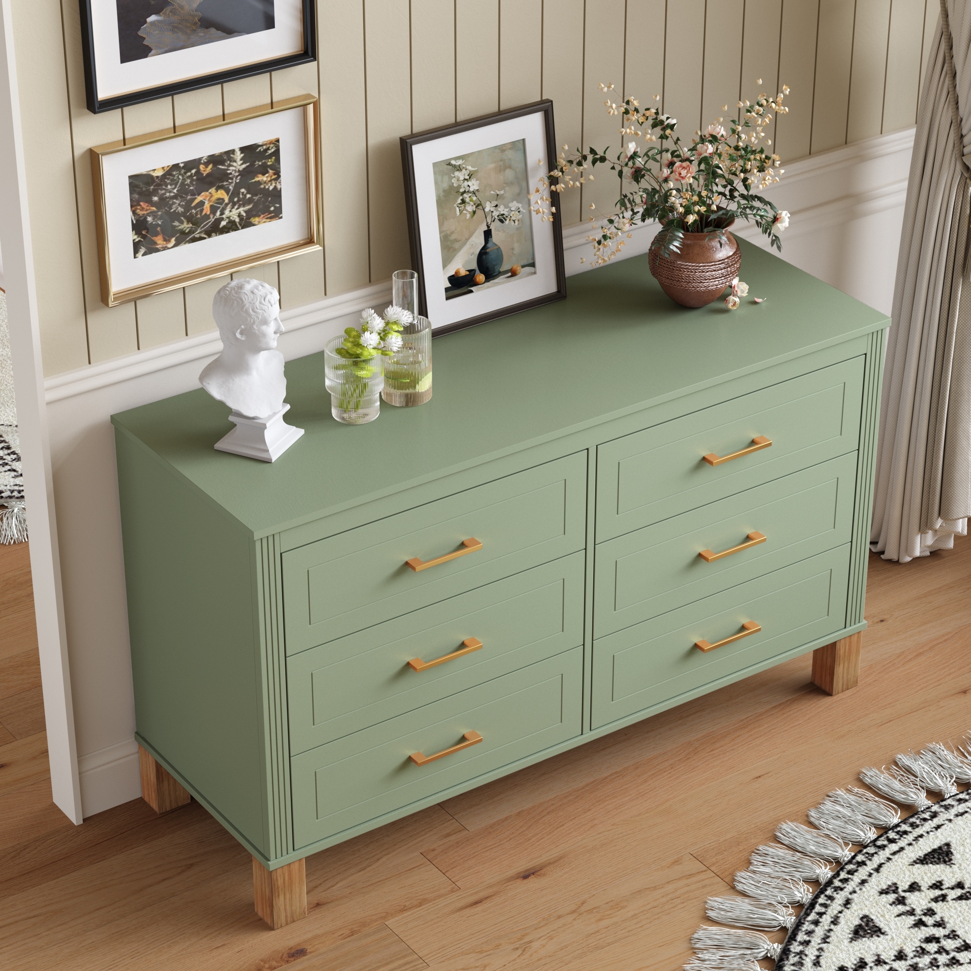 green double dresser 6-Drawer Dresser, Modern Storage Cabinet with Metal Handles & Solid Wood Legs, Heavy-Duty Wooden halloween2023