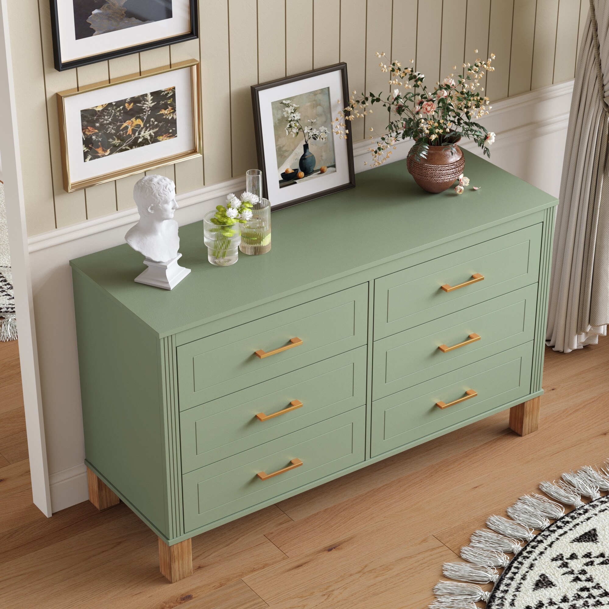 6-Drawer Double Dresser Storage Cabinet with with Metal Handles, Green Chest of Drawers Decorative Cabinet