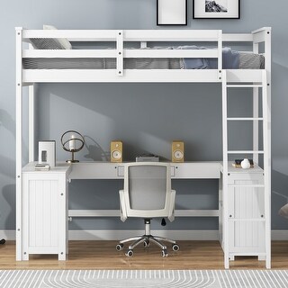 Solid Wood Loft Bed Frame w/U-Shaped Desk, Drawers, Shelves