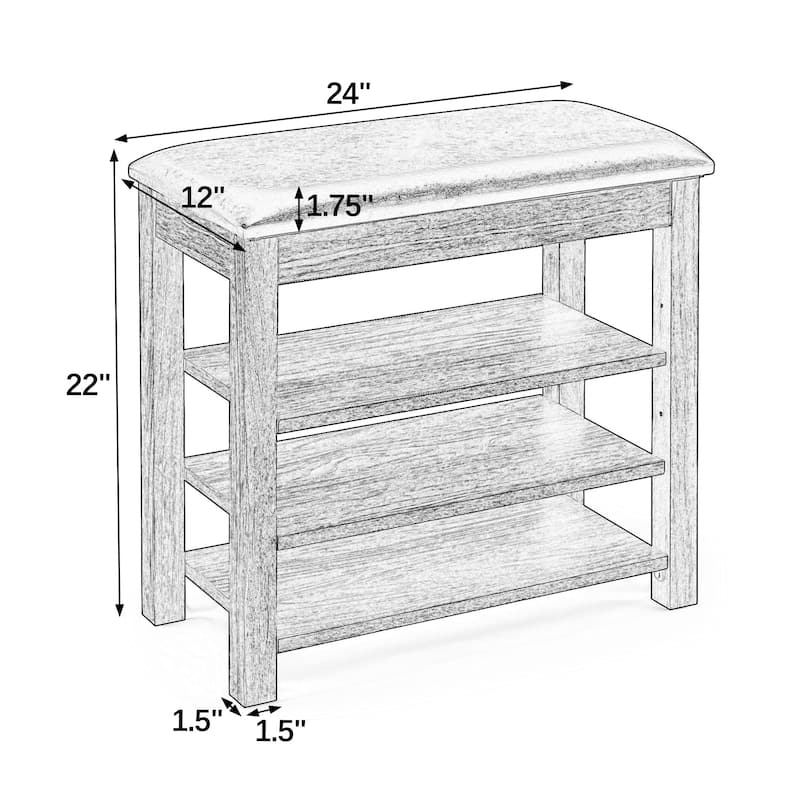 Roomfitters Height Adjustable Wooden Shoe Bench with Cushion Seat and Concealed Storage Compartment, Charcoal Grain, Vintage