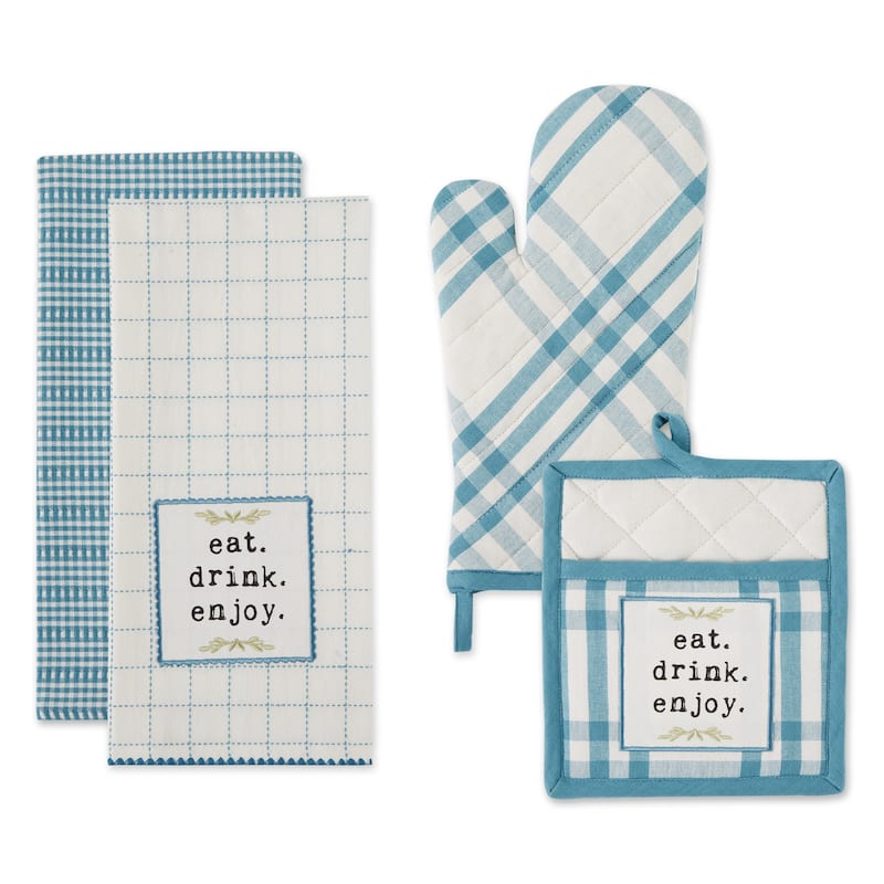 Home Sweet Farmhouse Kitchen (Set of 4) - Oven Mitt/Pot Holder/ Dishtowel Set - Storm Blue