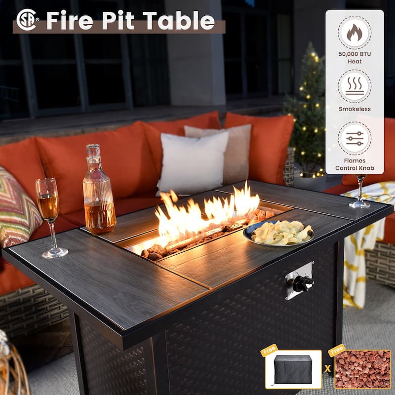 OVIOS 11 Pieces Outdoor Wicker Swivel Chair Set With Solar-Powered Coffee Table&Fire Pit