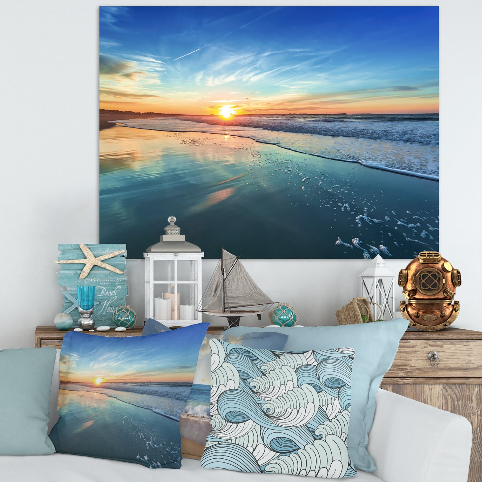 Island Blue Sunset Seascape SINGLE CANVAS WALL ART Picture Print 
