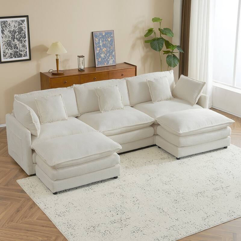 112.6" Corduroy L-Shape Sectional Sofa,Spacious Modular Design,Storage - Beige