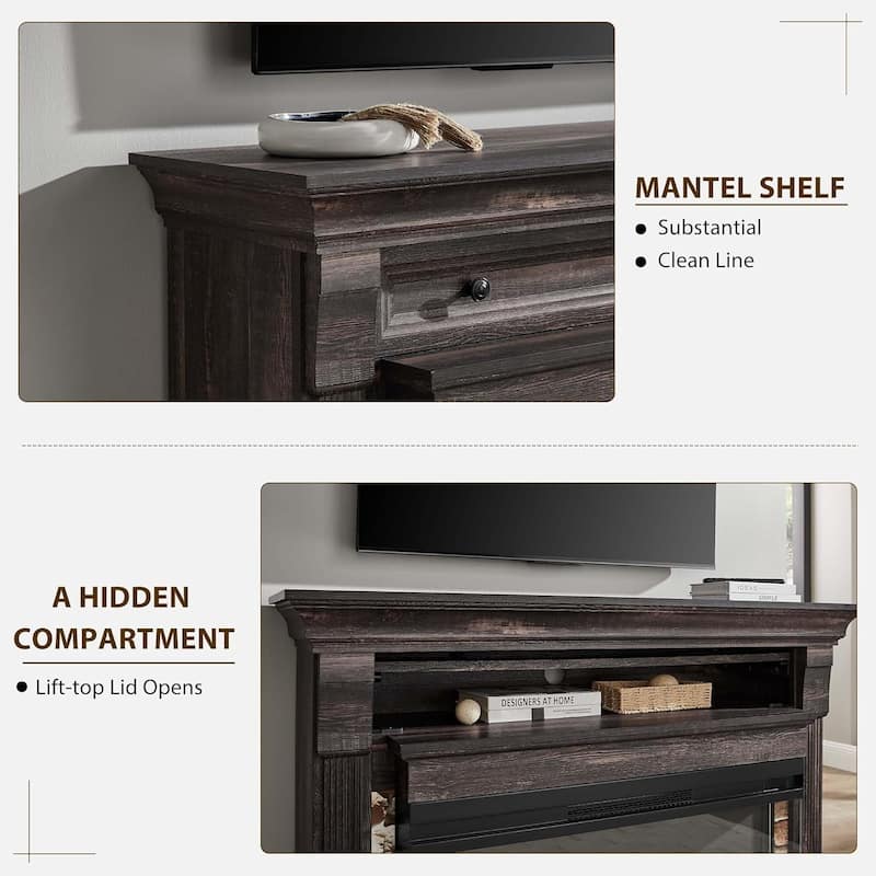 52" Farmhouse 3-Sided Fireplace TV Stand, Wood Entertainment Center