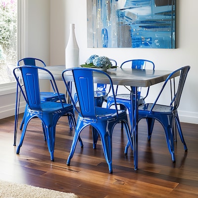 Antique Blue Set of 4 Industrial Dining Chairs with Stackable Design ...