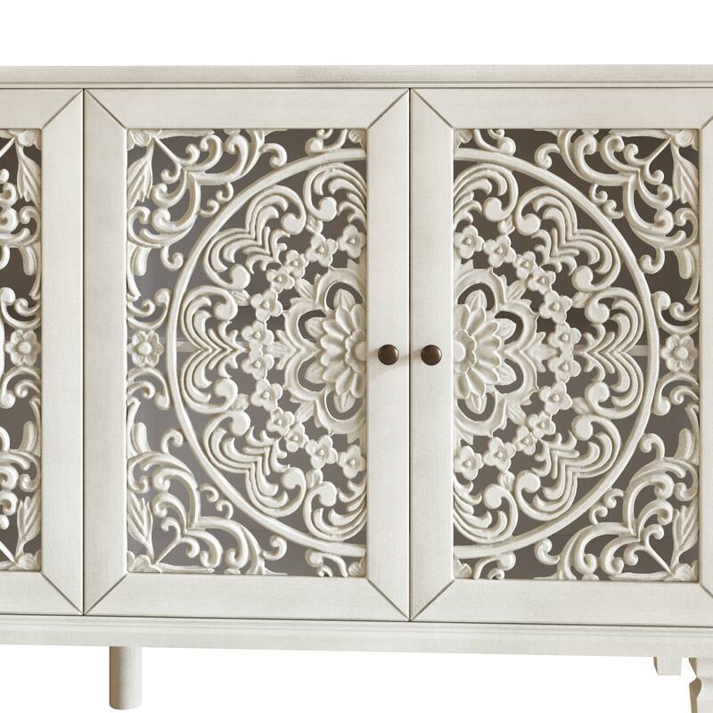 Roomfitters 60" Antique Buffet Cabinet, Floral Carved 4-Door Sideboard with Solid Wood Legs & Brass Handles