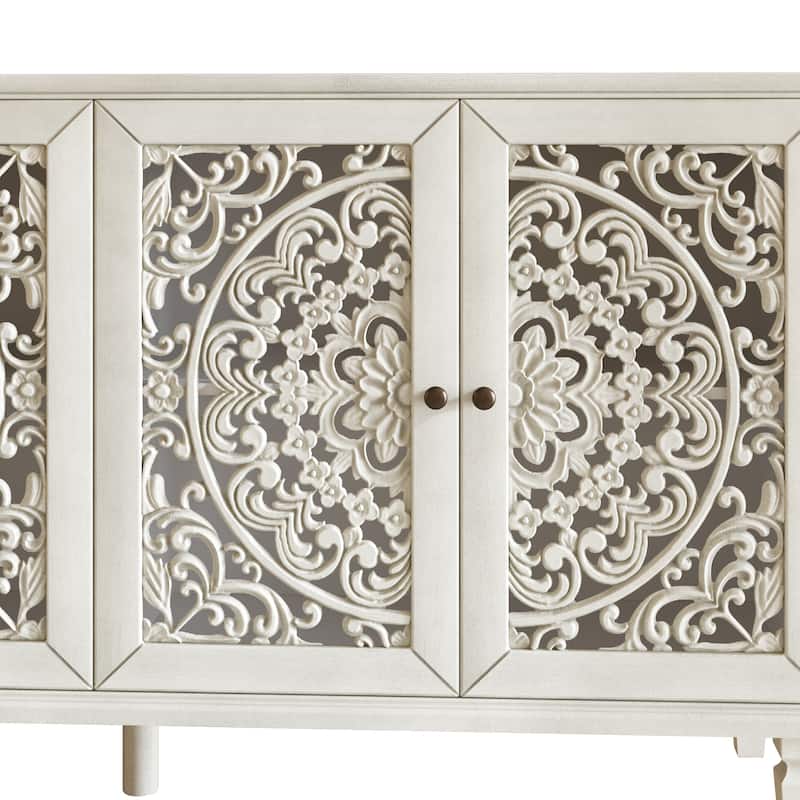 TV Stand Sideboard, Buffet Cabinet with Floral Carvings, Wood Storage Cabinet with Adjustable Shelves