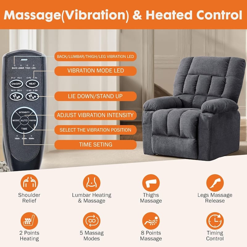 Recliner Chair, Reclining Massage Chair with Heat, Home Theater Seating Electric Power Lift Chair for Living Room