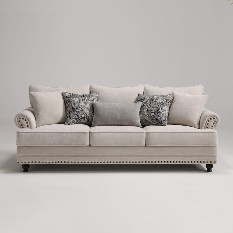 Morden Fort Chenille Fabric Sofa with Rolled Arm and Nailhead Trim