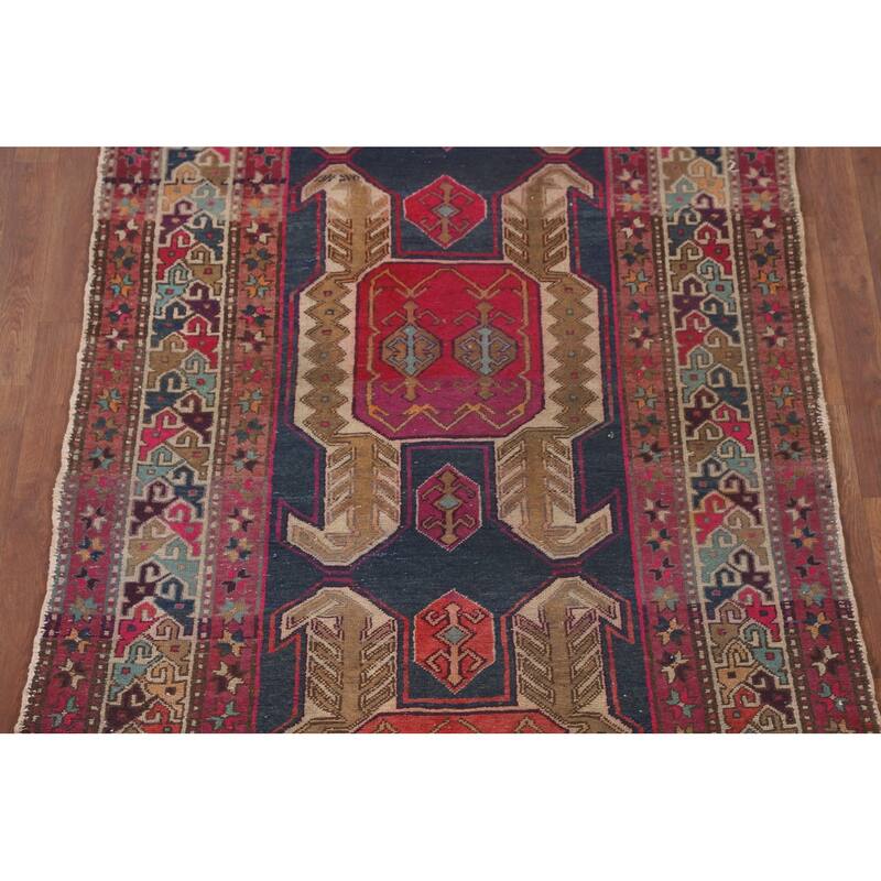 Navy Blue Meshkin Persian Vintage Runner Rug Handmade Wool Carpet - 4'3"x 11'8"