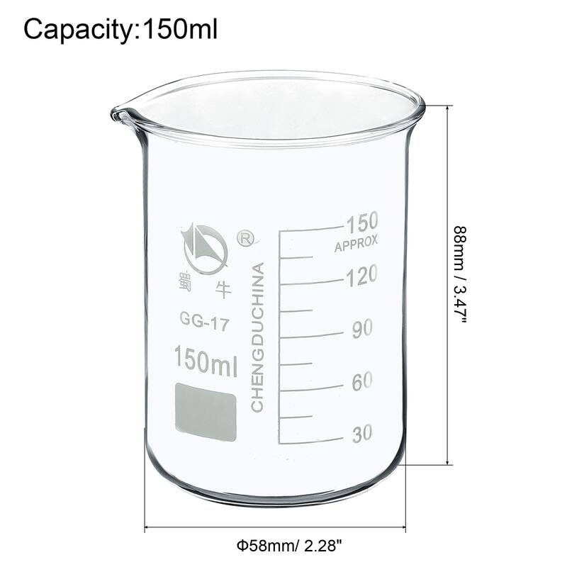 2pcs 150ml Low Form Glass Beaker 3.3 Borosilicate Lab Measuring Cups - Clear