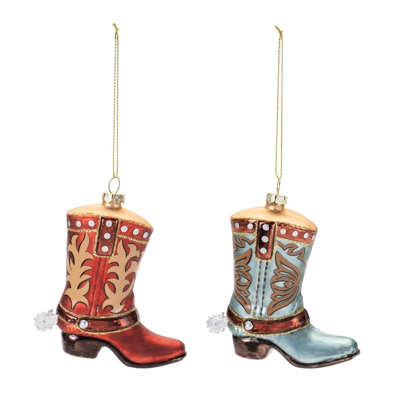 Set of 6 Red and Blue Cowboy Boot Glass Ornaments Rustic Western Style for Holiday Tree Decor - 3.5”L x 1.5”W x 4.25”H