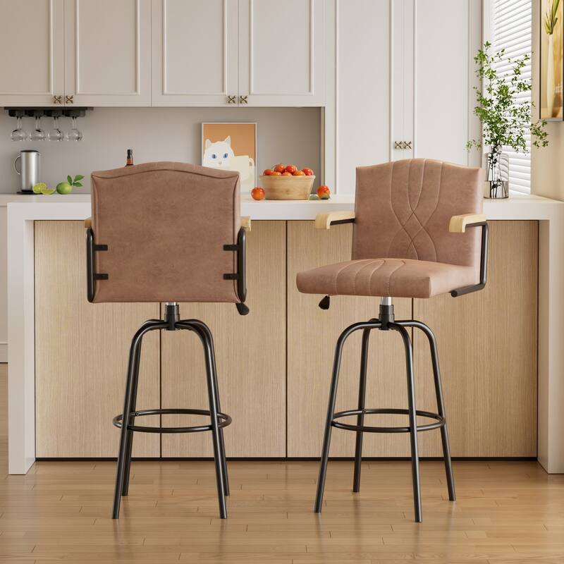 Bar Height Upholstered Bar Stools with Back PU Leather Seat and Wood Arms 30" Tall Bar Chairs 350 lb Weight Capacity