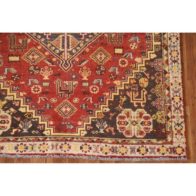 Red Animals Tribal Shiraz Persian Vintage Rug Handmade Wool Carpet - 4'6"x 8'0"
